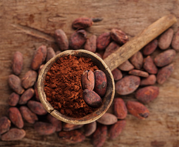 cocoa powder in spoon on roasted cocoa chocolate beans background
