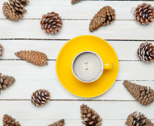 photo of yellow cup of coffee near dried beautiful cones on the wonderful white wooden background