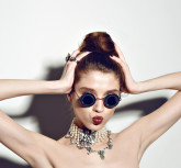 Young sexy emotional woman wear summer sunshine mirrored sunglasses,summer frock, swag and bright make up red lips,show emotions, Lifestyle portrait Urban fashion on white background