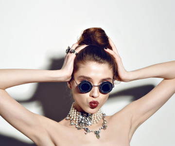Young sexy emotional woman wear summer sunshine mirrored sunglasses,summer frock, swag and bright make up red lips,show emotions, Lifestyle portrait Urban fashion on white background