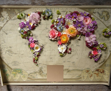 Map of world made from different kinds of flowers, on wooden background