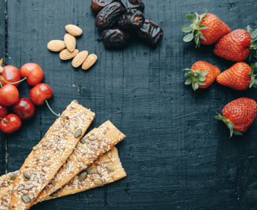 Useful snacks: strawberries, cherries, dates, almonds, breads